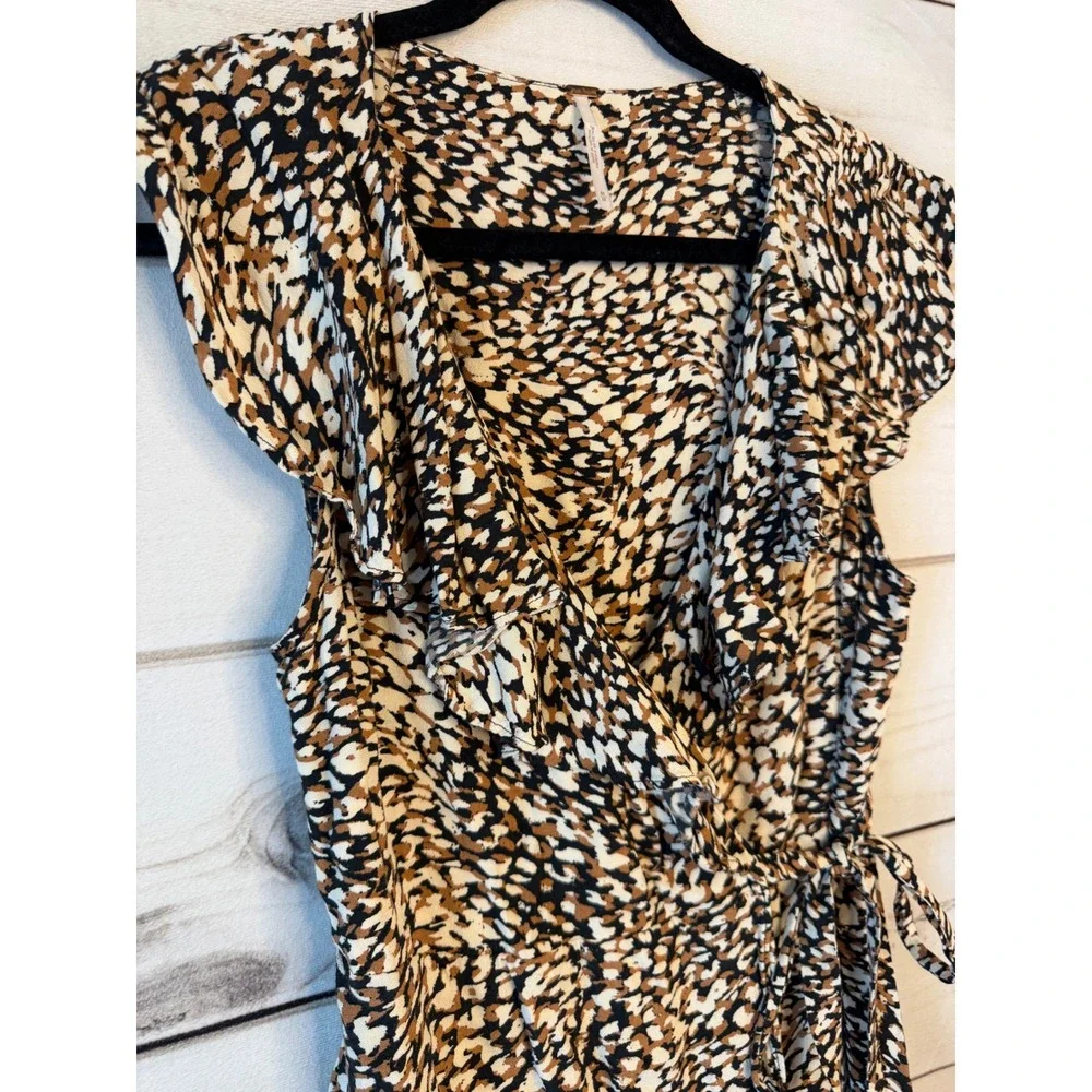 Free People Leopard Print Ruffle Wrap Mini Dress Tan Black White OB779011 Size M